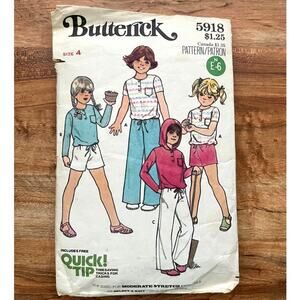 Vintage 1970s Butterick 5918 Sewing Pattern Size 4 Kids Girls Top Pants Shorts